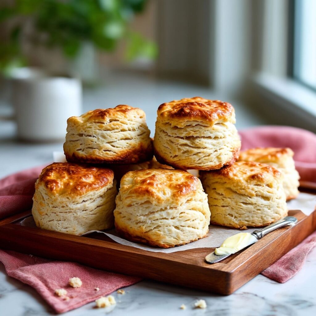 Golden brown biscuits stacked on wooden tray with butter knife and pink cloth nearby.