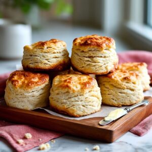 Golden brown biscuits stacked on wooden tray with butter knife and pink cloth nearby.
