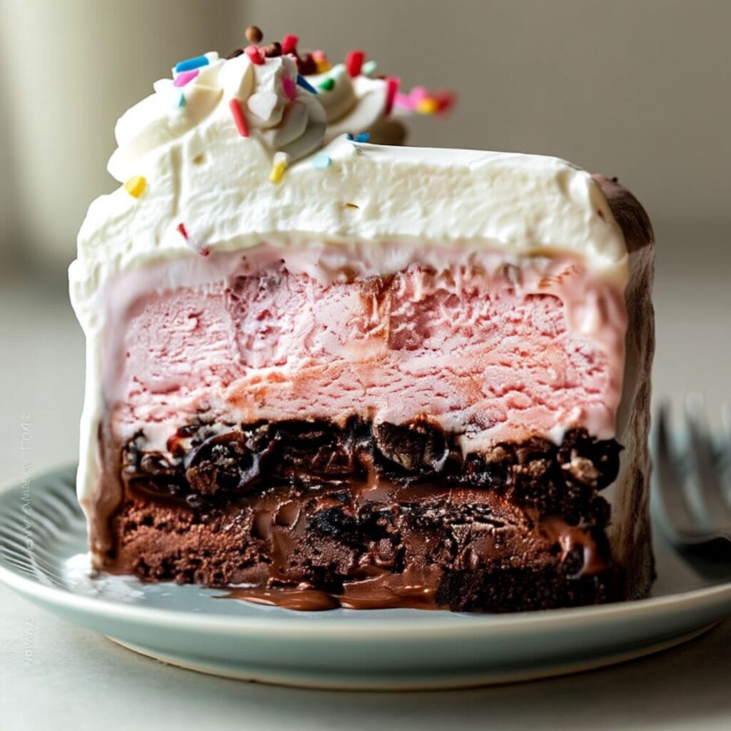 Ice cream cake slice showing strawberry, hot fudge, and chocolate layers on ceramic plate.