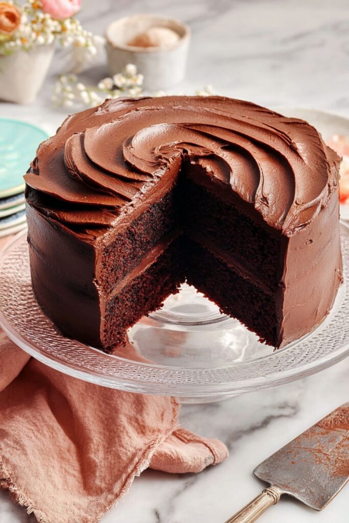 Chocolate cake with smooth frosting on glass stand, slice removed revealing moist layers.