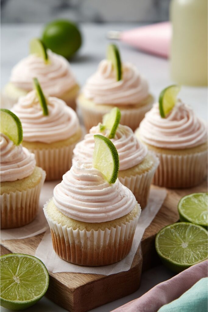 Strawberry lime cupcakes with pink frosting and lime slices on parchment-lined wooden tray.