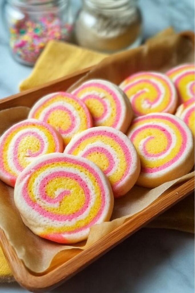 A vibrant display of baked Easter pinwheel cookies featuring pink and yellow dough spirals.