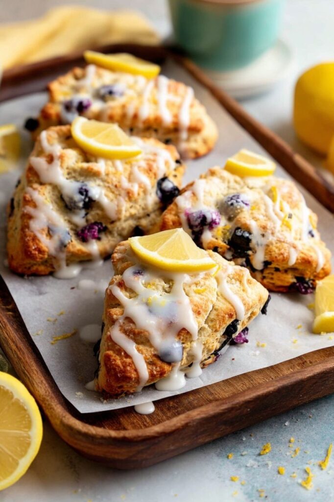 Four triangular blueberry scones with lemon glaze and fresh slices arranged on a wooden tray.