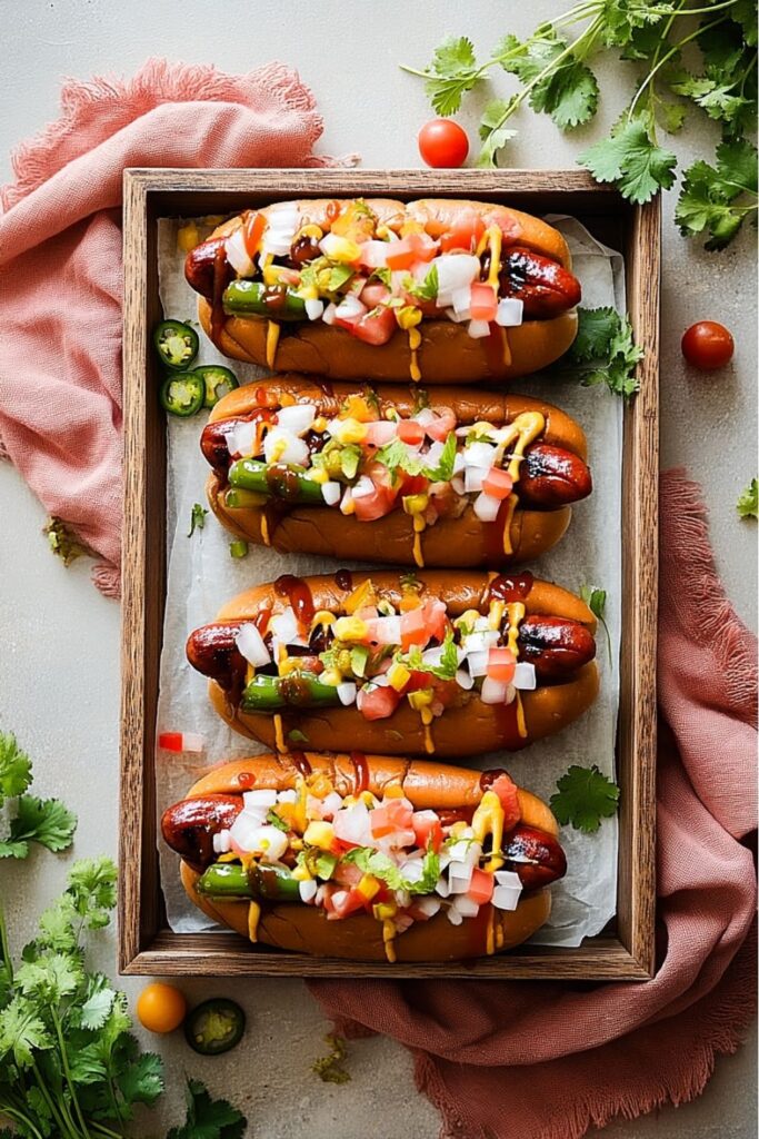 Four loaded hot dogs with salsa, charred serranos, and cilantro on wooden tray with parchment.