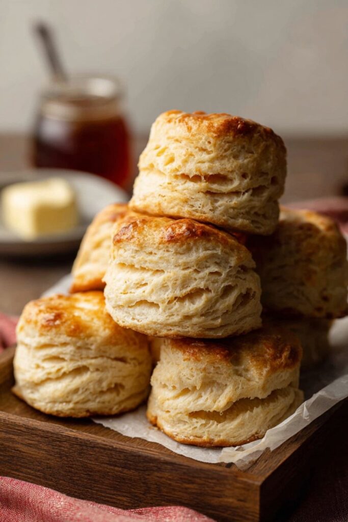 Stacked golden brown biscuits on wooden tray with honey jar and butter in background.