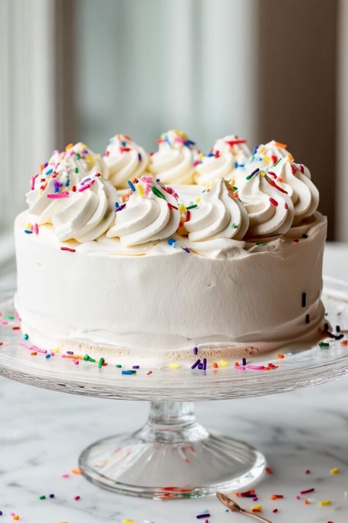 Whipped cream frosted ice cream cake with rainbow sprinkles on clear glass cake stand.