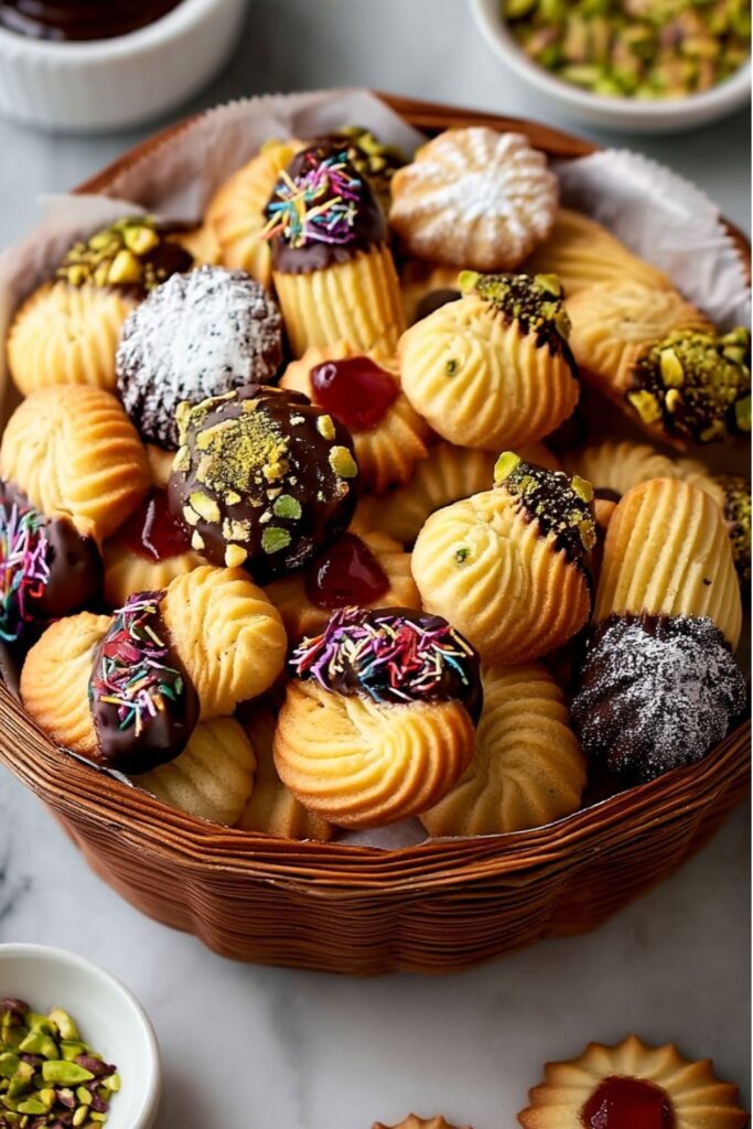 A basket filled with colorful Old Fashioned Italian Cookies dipped in chocolate and sprinkles.