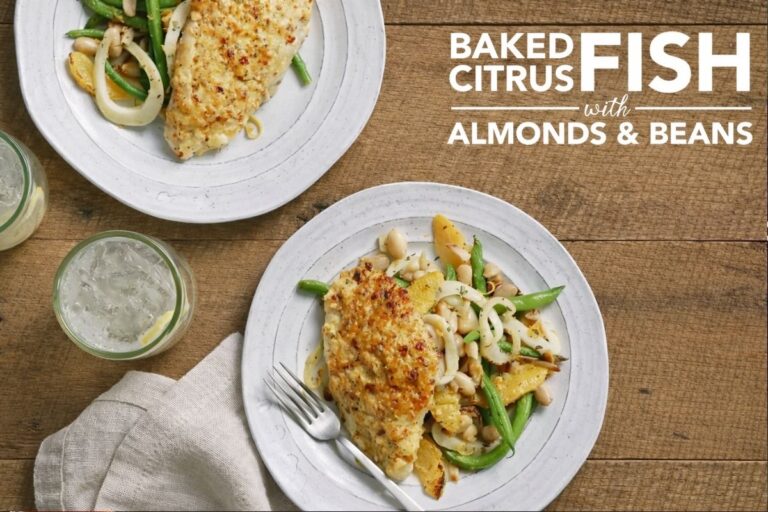Bright & Irresistible Baked Citrus Fish with Almonds & Beans