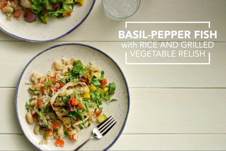 Vibrant, Juicy & Crave-Worthy Basil-Pepper Fish With Rice And Grilled Vegetable Relish
