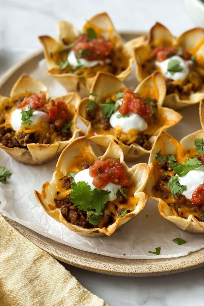 Mini beef and cheese tortilla cups garnished with salsa, ideal for a Mexican food bar.