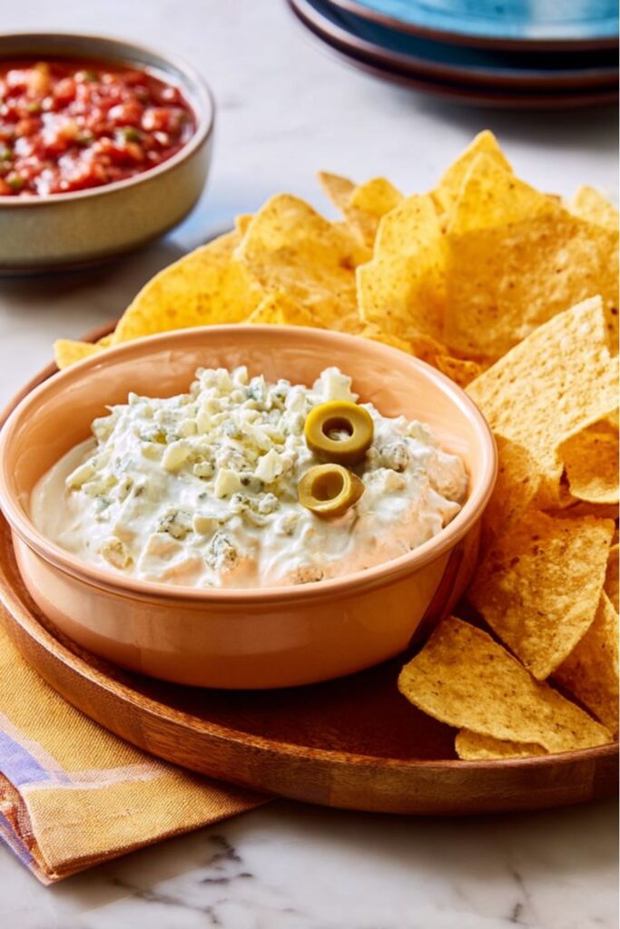 A bowl of creamy blue cheese and olive dip, perfect for a potluck Mexican theme.