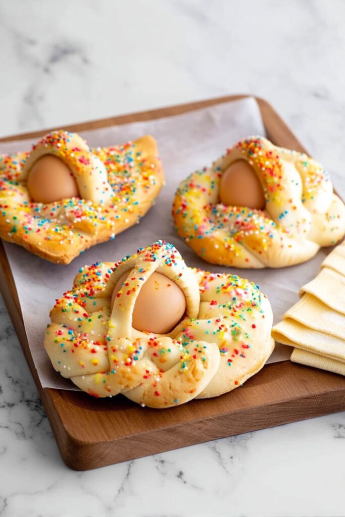 Traditional Italian Cookie Recipes shaped into nests holding a whole egg with colorful candy sprinkles.