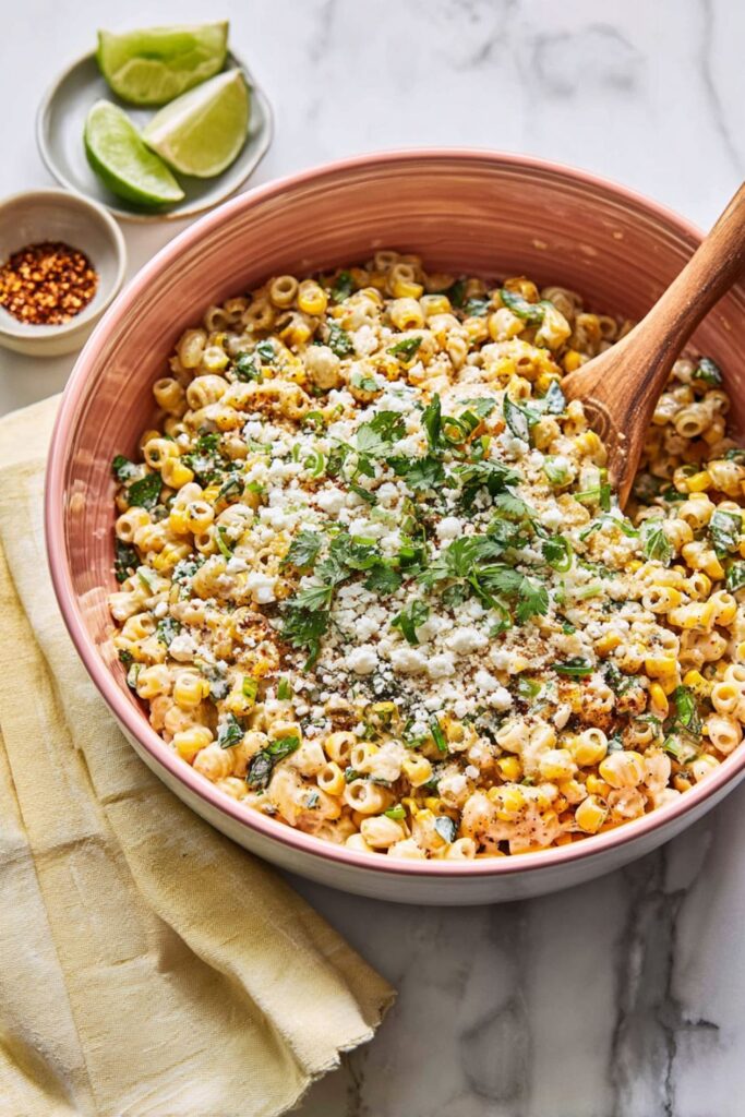 A bowl of Mexican street corn pasta salad, a great example of potluck Mexican dishes.