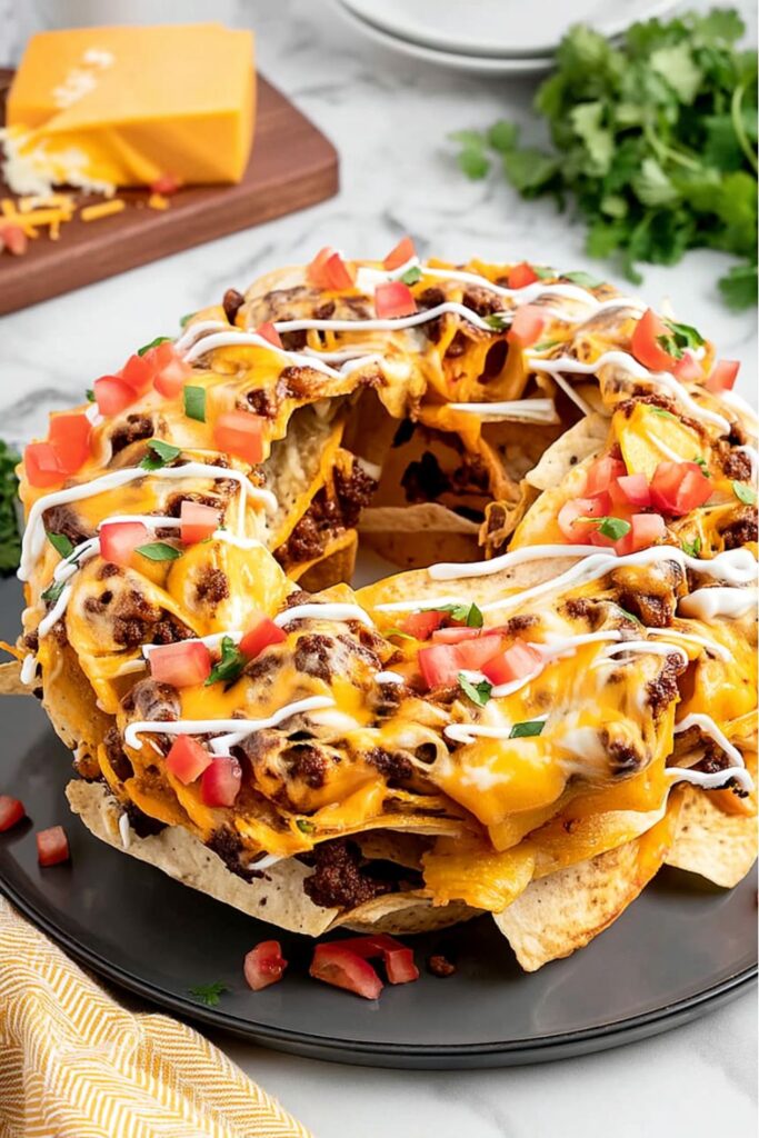 A ring-shaped stack of cheesy beef nachos, a creative example of Mexican party food.