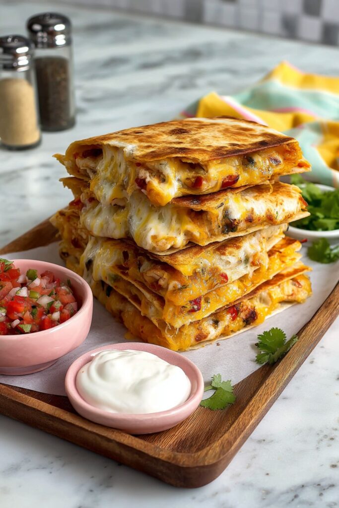 Stacked cheesy chicken fajita quesadilla squares, a perfect option for a potluck Mexican theme.