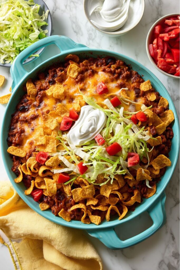 A skillet with beef, beans, and corn chips, a classic for a potluck Mexican theme.