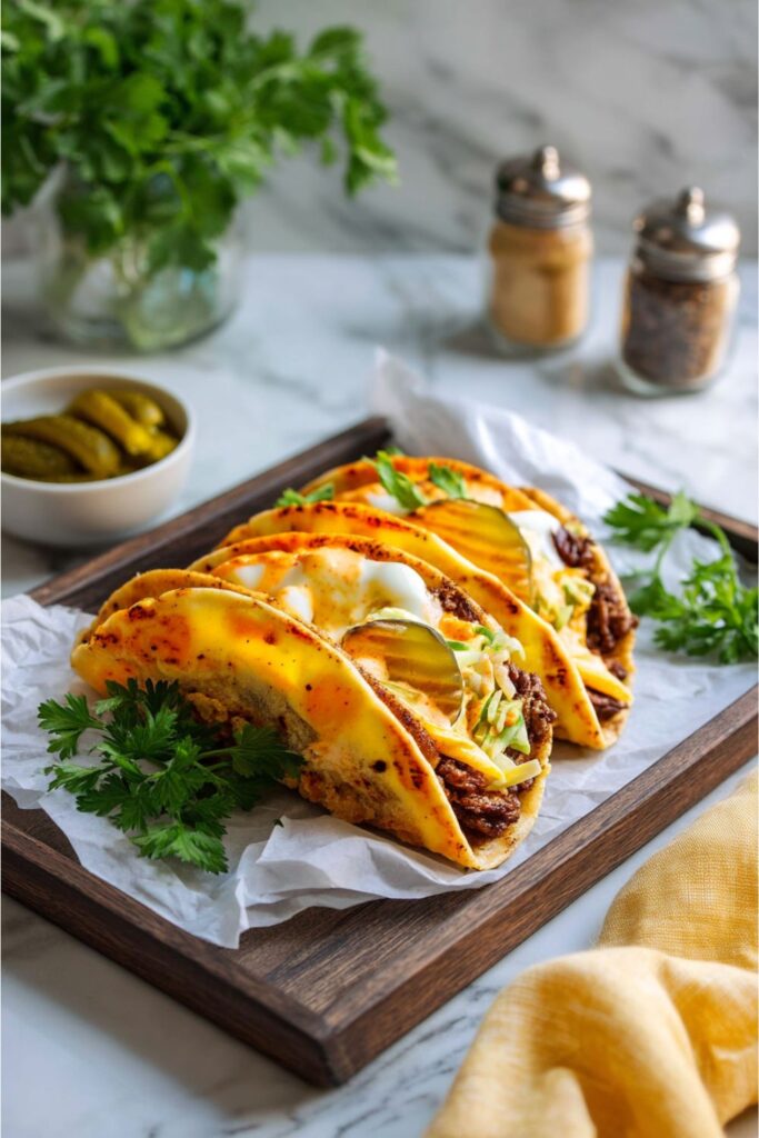 Two cheesy smash burger tacos on a tray, a unique Mexican food for parties.