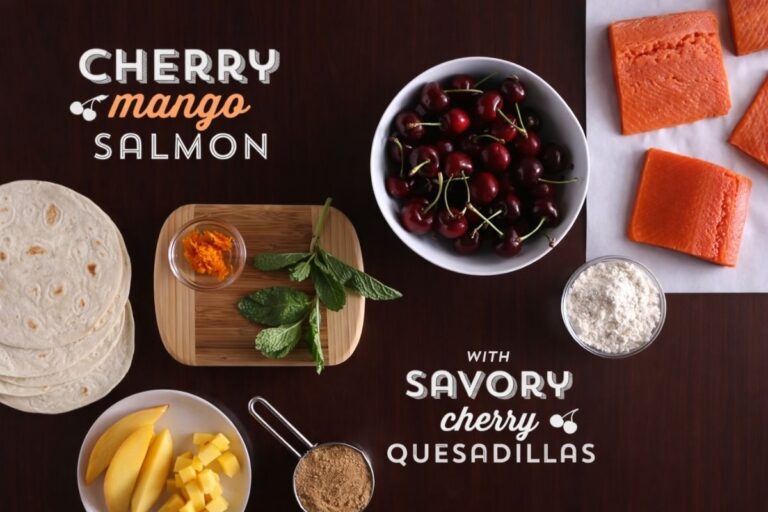 Bold, Flavor-Bomb Cherry Mango Salmon with Savory Cherry Quesadillas