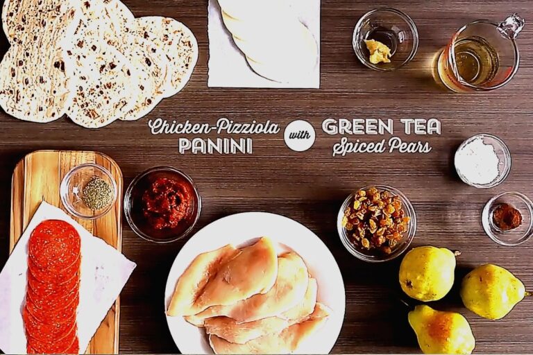 Crispy, Cheesy Chicken-Pizziola Panini with Luxe Green Tea Spiced Pears