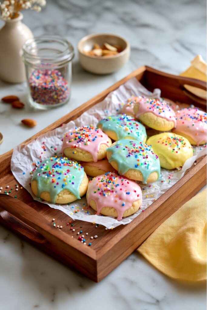A wooden tray of soft Italian Cookie Recipes with pastel pink, blue, and yellow glaze.