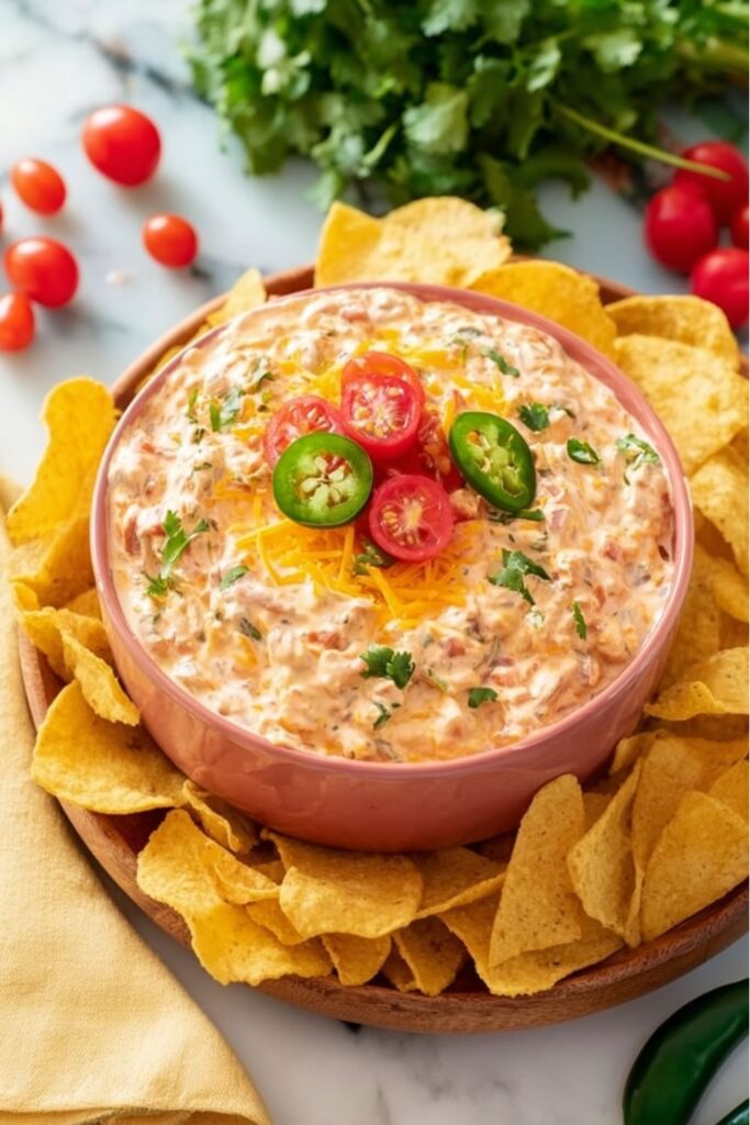 A bowl of creamy taco dip surrounded by chips, a perfect easy party food.