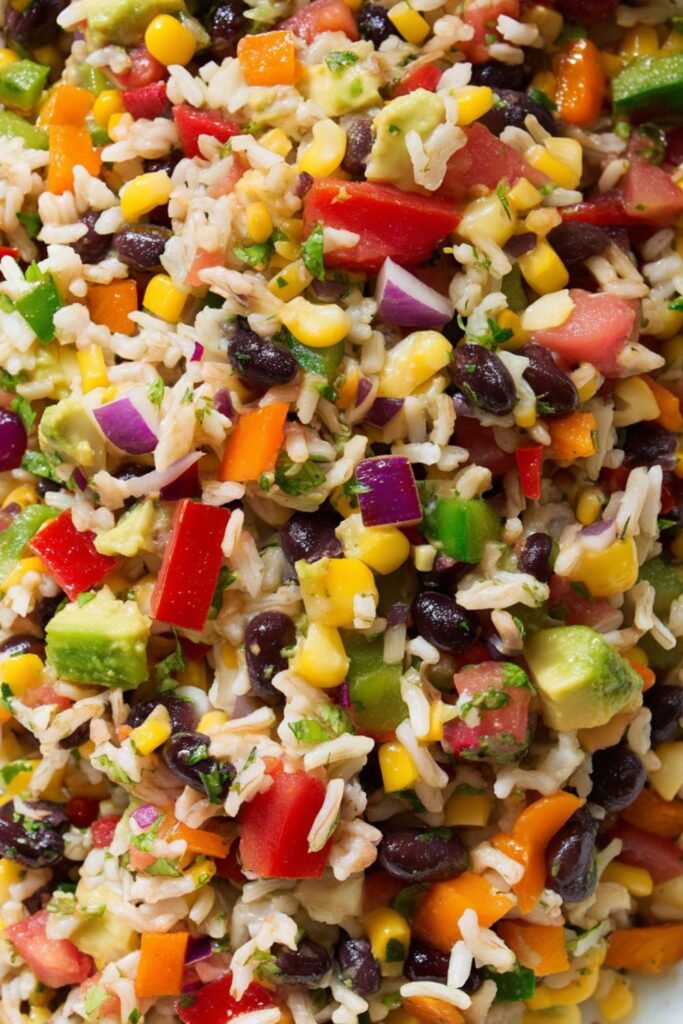 A vibrant bowl of tossed Fiesta Rice Salad with black beans, corn, and avocado.