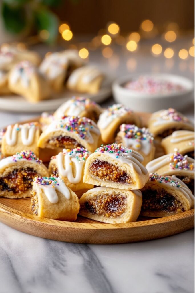 A wooden plate of fig-filled Italian Cookie Recipes with white icing and rainbow sprinkles.