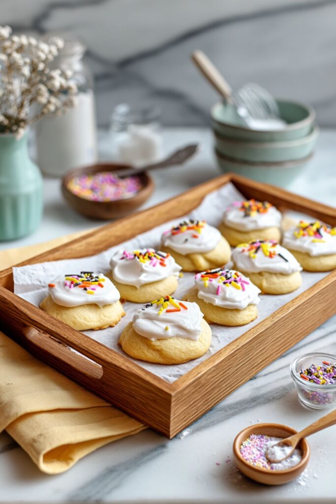 White frosted cookies for an Italian Easter celebration topped with festive rainbow sprinkles.