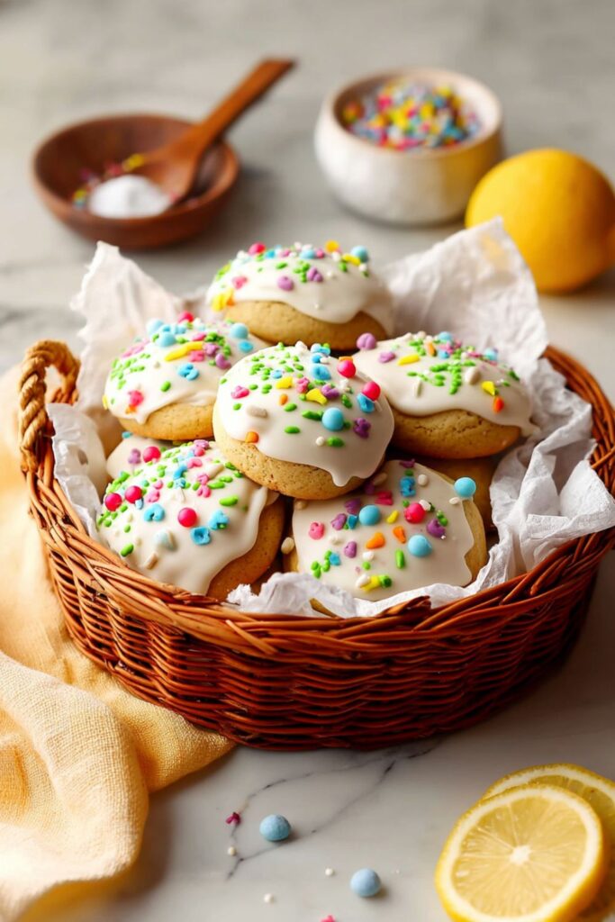 A basket of lemon glazed Italian Cookie Recipes with bright sprinkles and lemon slices nearby.