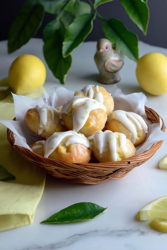 A bowl of golden lemon-glazed balls representing a standout from various Italian Easter Recipes.