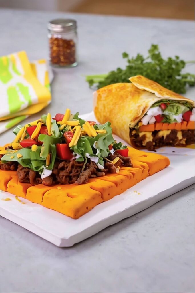A giant orange cheese cracker crunchwrap, a unique addition to a Mexican menu party.