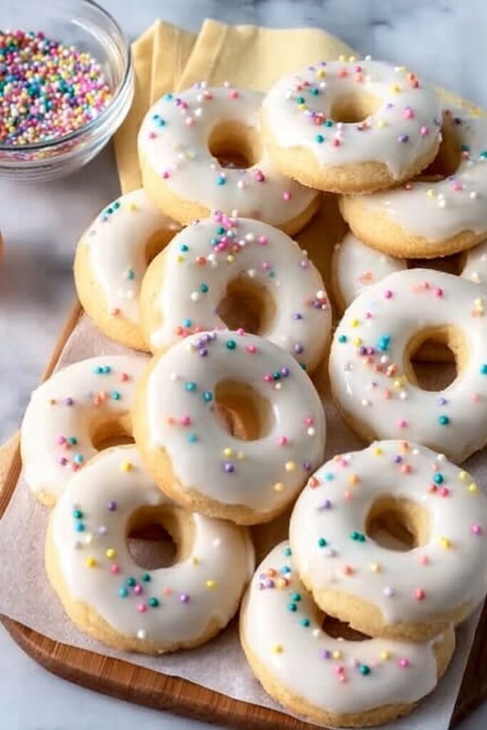 A stack of white glazed ring shaped Italian Cookie Recipes topped with colorful rainbow sprinkles.