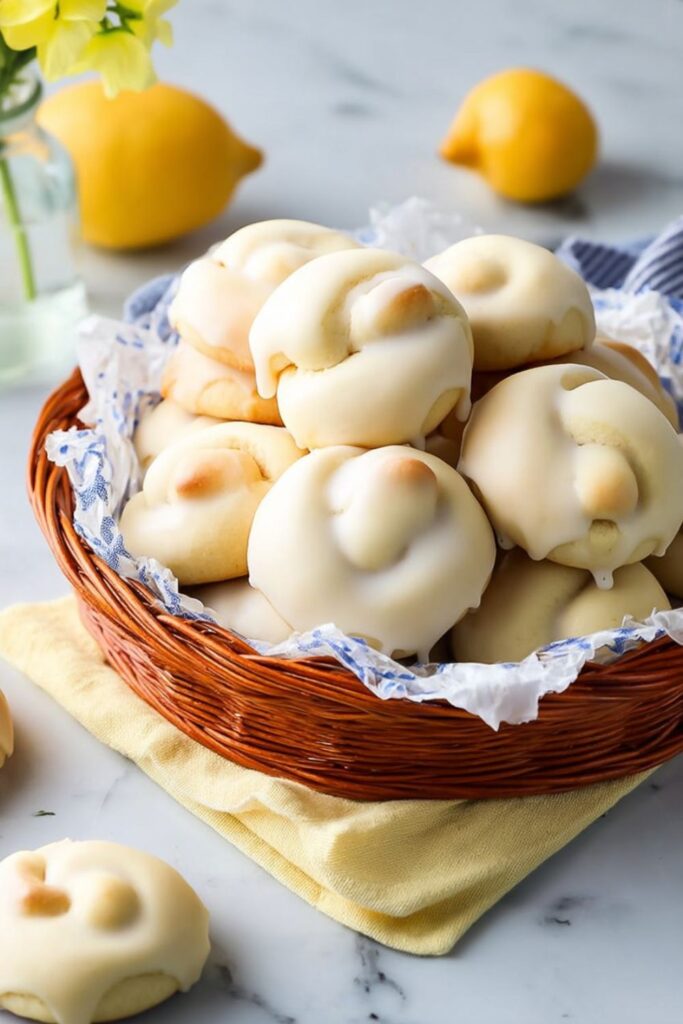 A close-up of knotted cookies with a bright lemon glaze for an Italian Easter celebration.