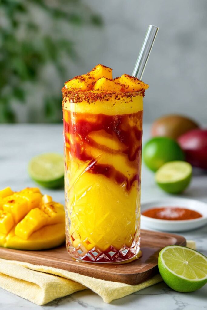 A frozen mango cocktail layered with chamoy and Tajín, a vibrant Mexican party food option.