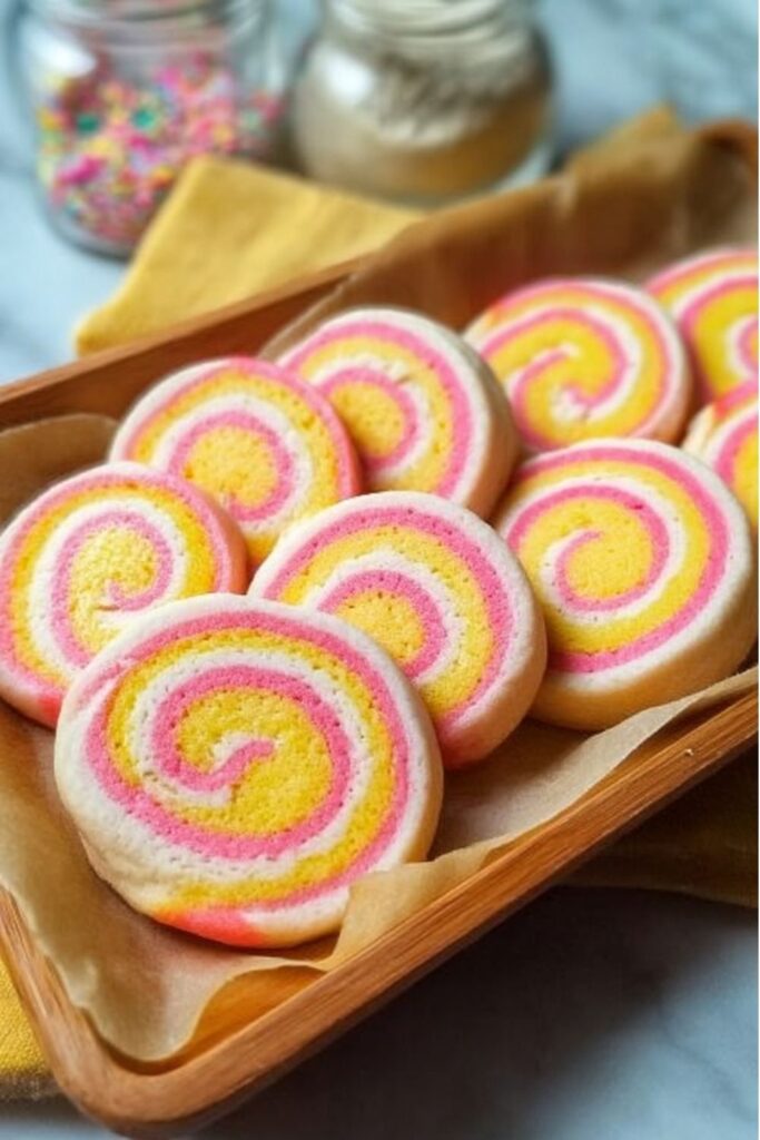 Three-colored pastel pinwheel cookies with pink, yellow, and blue swirls on a white plate.