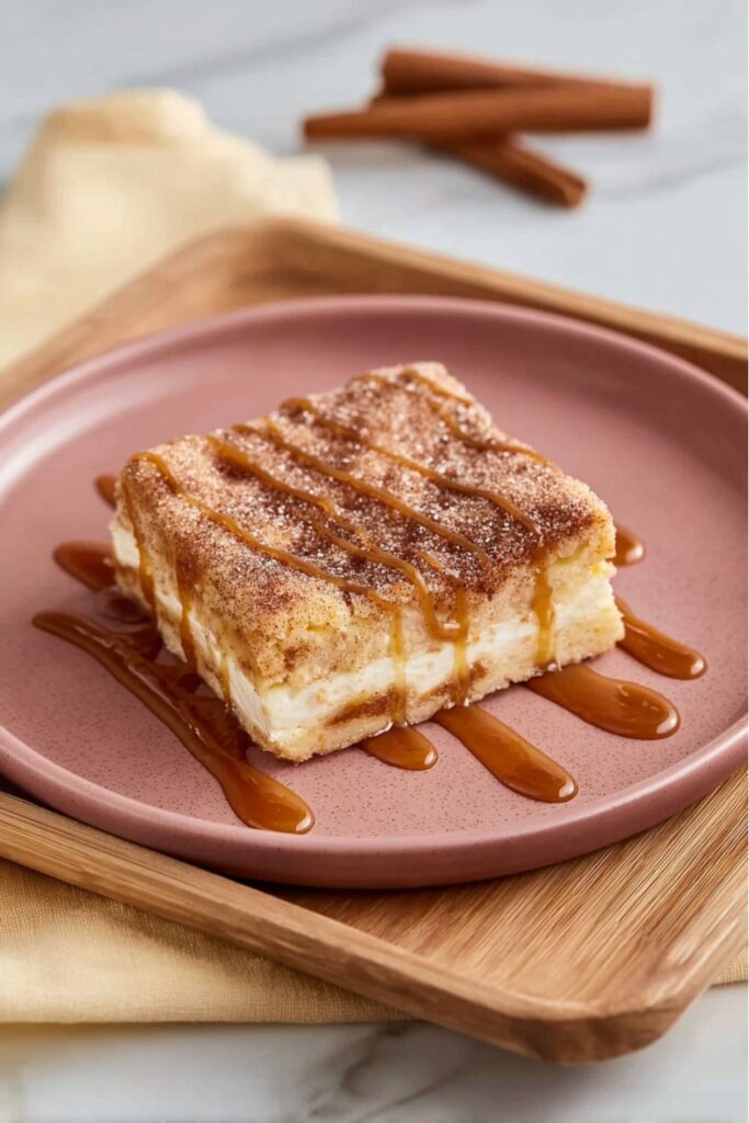 A square slice of sopapilla cheesecake with cinnamon sugar, great for Mexican party recipe ideas.