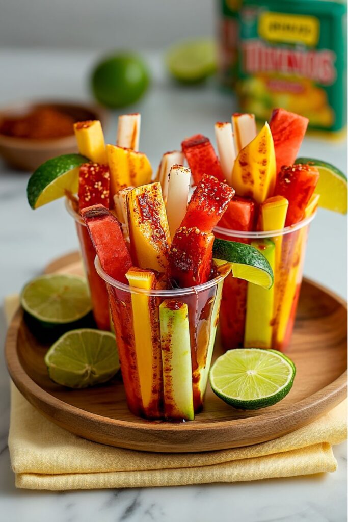 Cups filled with sliced mango and watermelon, a refreshing choice for fiesta party snacks.