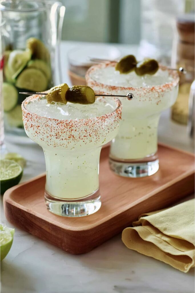 Two rimmed glasses filled with pickle juice margaritas, a unique choice for fiesta menu ideas.