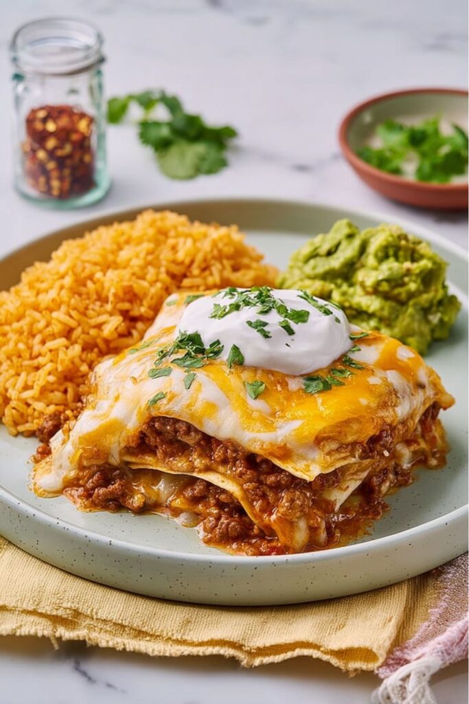 A layered beef and cheese tortilla casserole on a plate, featuring great fiesta menu ideas.