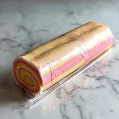 A log of layered pink and yellow dough wrapped in plastic for Easter pinwheel cookies.