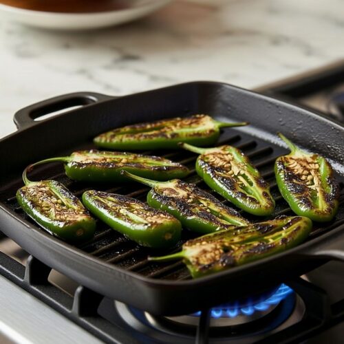 Charred serrano peppers blistering in grill pan over stovetop flame on marble countertop.