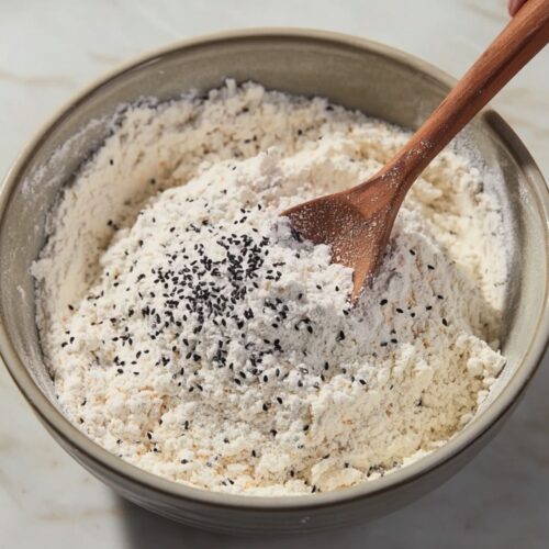 A bowl of dry ingredients and black seeds being mixed for Armenian Easter cookies.