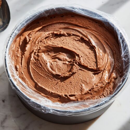 Chocolate ice cream layer spread in lined pan on marble countertop beside spoon.