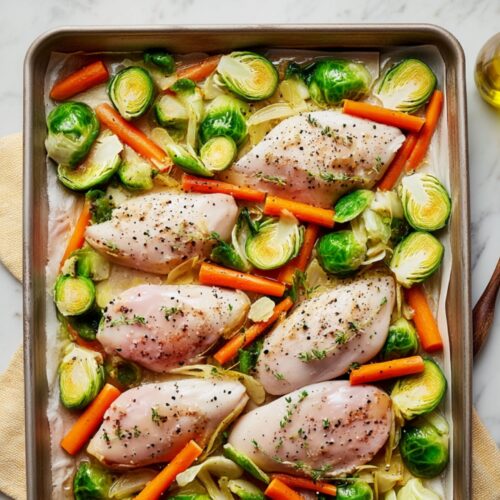 Raw seasoned chicken breasts with Brussels sprouts and carrots on a parchment-lined sheet pan.