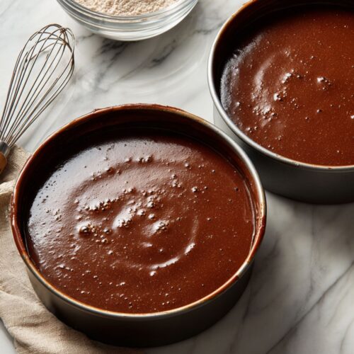 Chocolate cake batter evenly divided in two pans on marble countertop with whisk nearby.