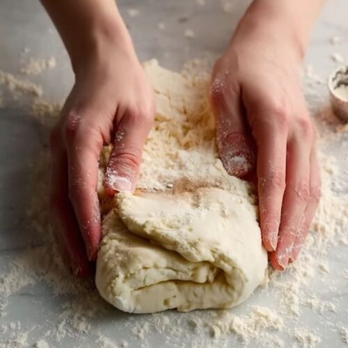 Hands folding floured biscuit dough on marble countertop for flaky layers preparation.