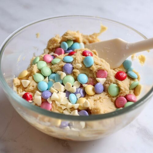 A glass bowl containing raw dough mixed with colorful candies for Easter drop cookies.