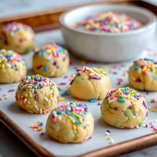 Close-up of baked Easter drop cookies topped with vibrant sprinkles and pastel chocolate candy eggs.
