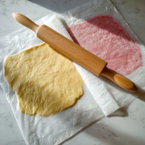A wooden rolling pin rests on parchment paper next to colorful Easter pinwheel cookies dough.