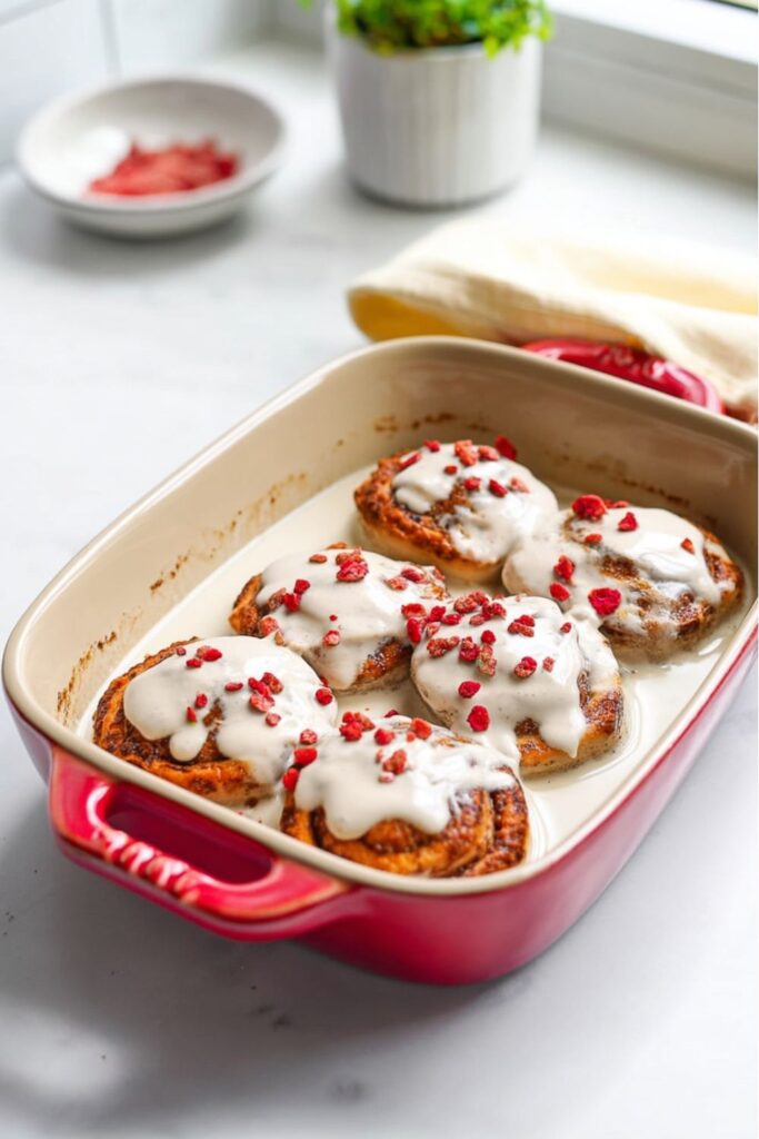 Cinnamon rolls soaked in tres leches milk with strawberries for a Mexican menu party.